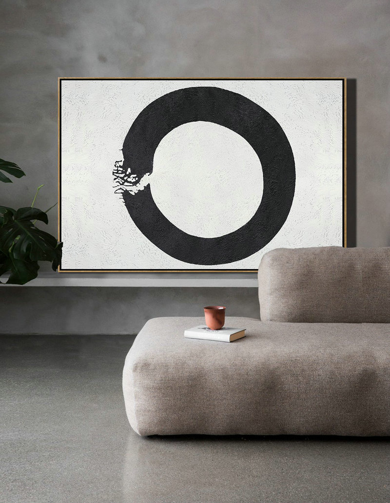 Hand Painted Aclylic Painting On Canvas,Oversized Horizontal Circle Minimal Art On Canvas, Black And White Minimalist Geometric Painting - Big Art Canvas